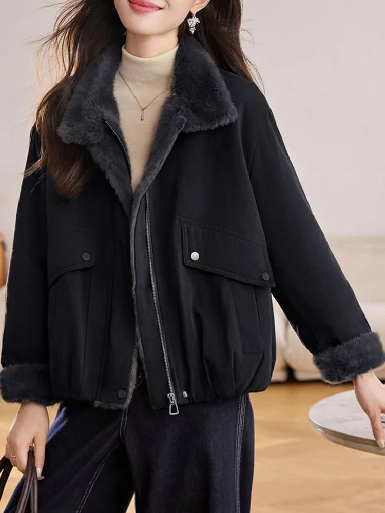 Winter Warm Lapel Neck Outerwears Women Casual Lapel Neck Zipper Thicken Jackets Tops Korean Fashion Long Sleeve Chaquetas New