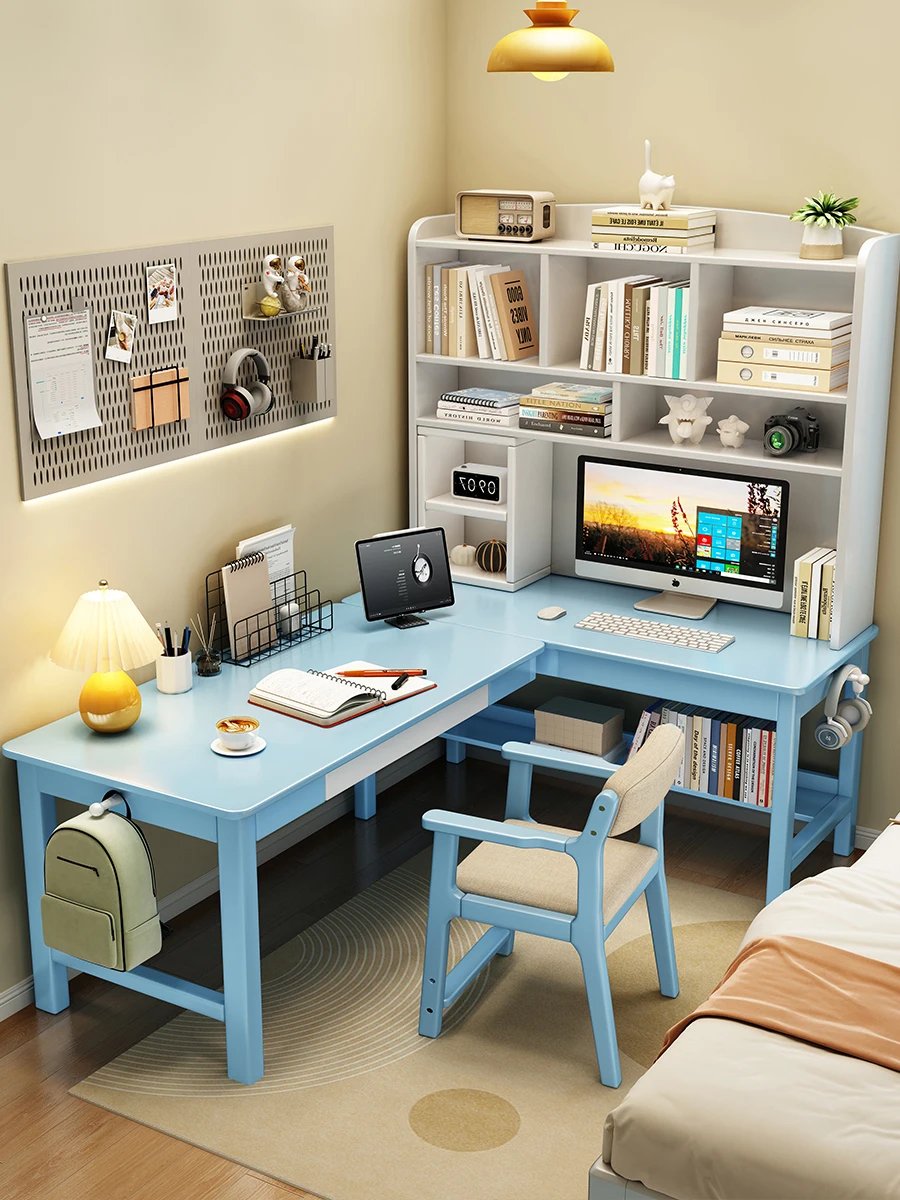 wood corner desk bookshelf integrated simple L-shaped corner computer desk household student bookcase combination study table