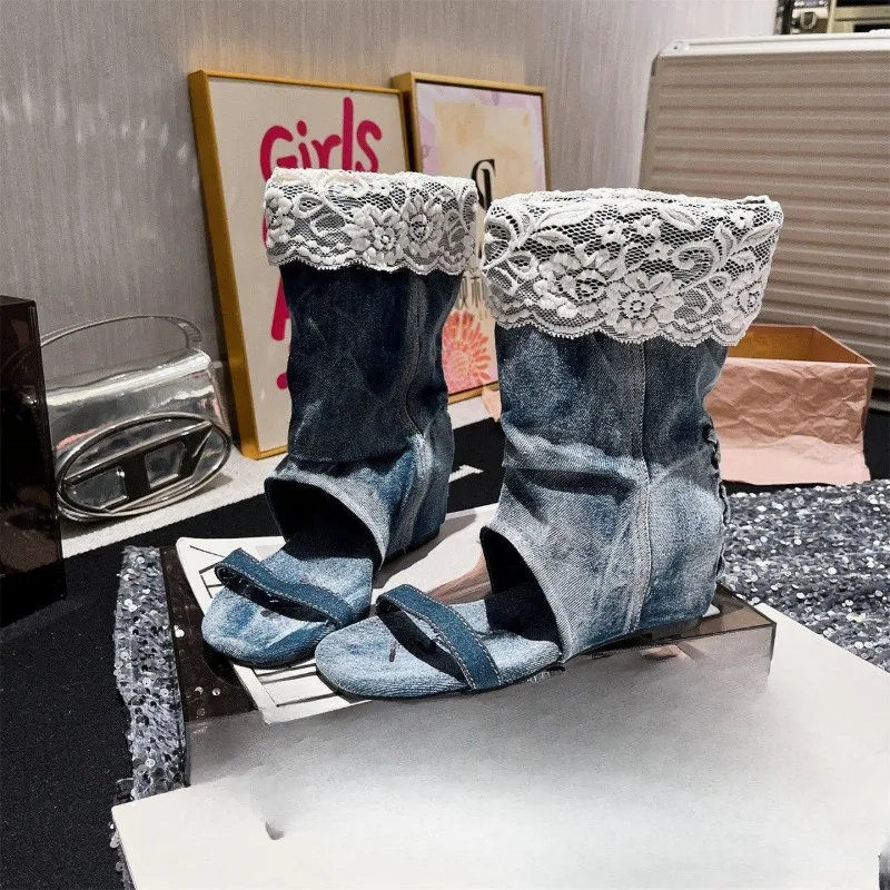 Temperament Trendy Denim Lace Lapel Booties Women Summer Western Denim Heightening Dew Sandals view 3