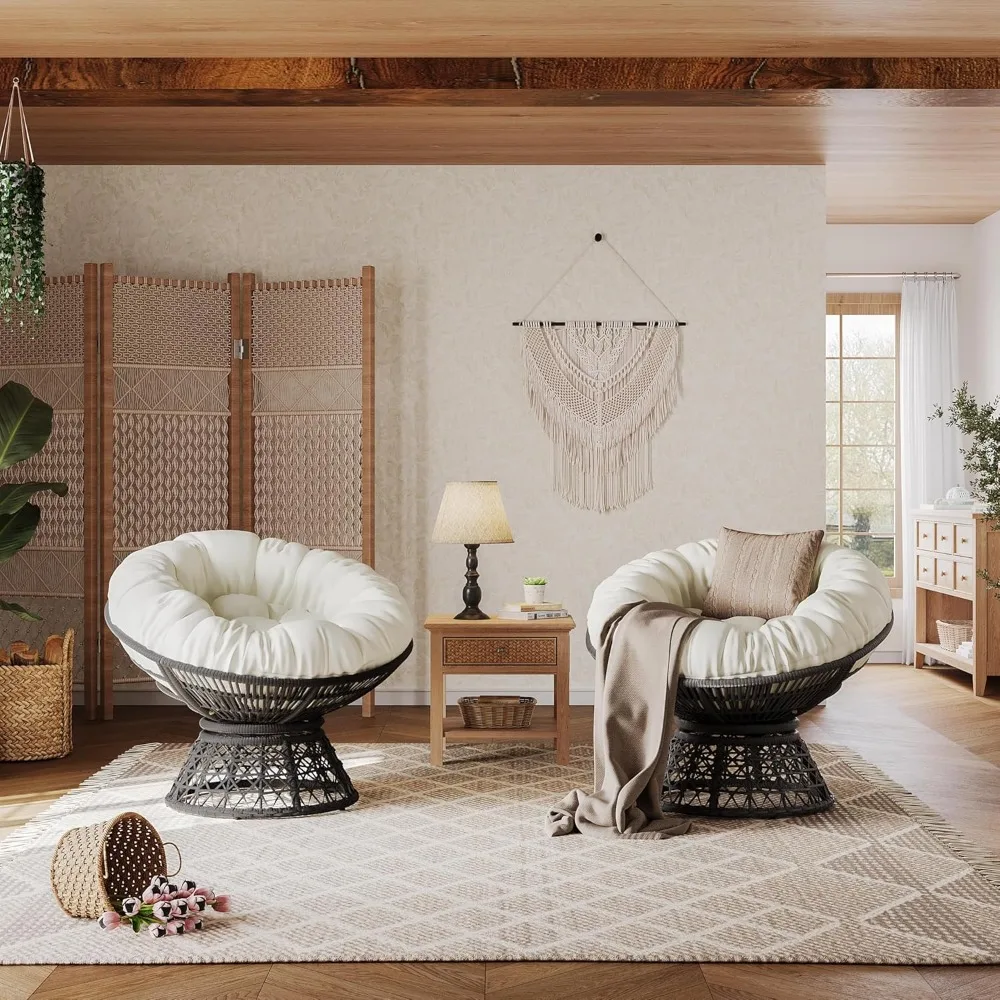 

Indoor Papasan Chairs with Thick Tufted Cushions and Frame,Swivel Wicker Ergonomic Lounge Reading Chairs for Living Room/Bedroom