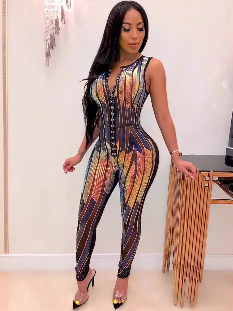 Sexy Women's Hollowed Out Sequins Transparent Black Summer Fashion Jumpsuit Women's Elegant Nightclub Tight Jumpsuit Clubwear