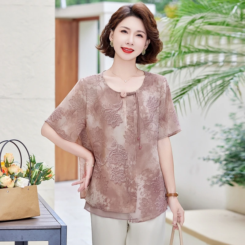 

New Chinese Sle Mom Summer Outfit Chiffon Blouse Set Middle-aged Women Spring Summer f-sve Top Floral round Ne Butt...