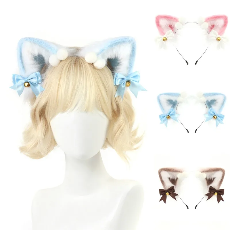 New Plush Simulation Cat Ear Headband Lolita Plush Headwear Cute Cat Ear Bow Headband Role-playing Accessory