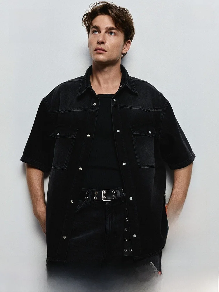 

Мужская джинсовая рубашка H&M, повседневная, свободного кроя, универсальная, весна 2025, 100% хлопок, другие материалы