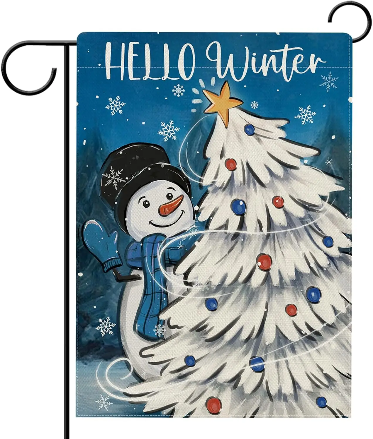 Hzppyz Hello Winter Snowman Garden Flag Double Sided, Christmas Tree Snowflakes Decorative Yard Outdoor Home Small Decor, Xmas H