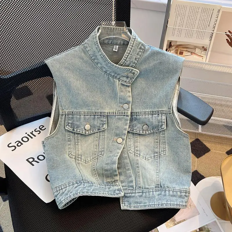 Jaket Denim kasual wanita, 2024 kerah berdiri musim panas dicuci, jaket Denim kasual lama