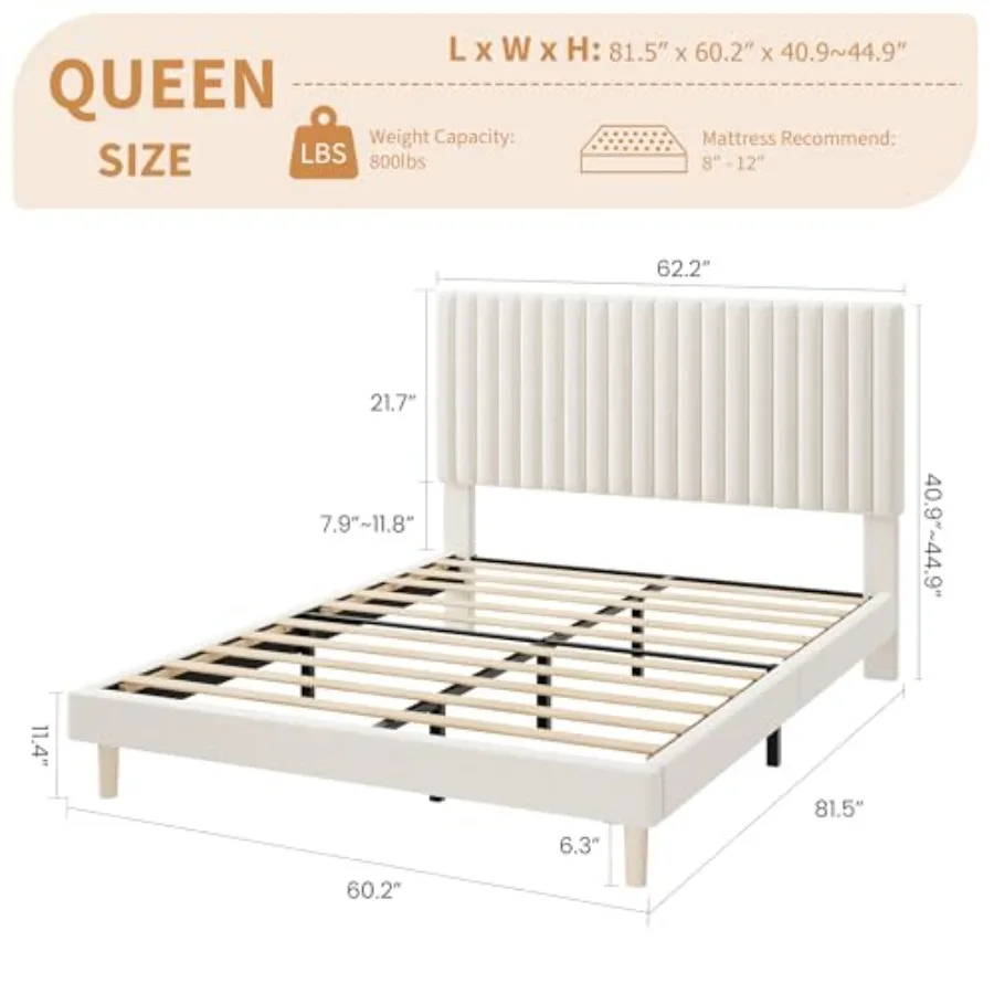 Bed Frame with Adjustable Headboard for Bedroom, Velvet Upholstered Platform Bed in Gray, Soft Touch and Modern Styling