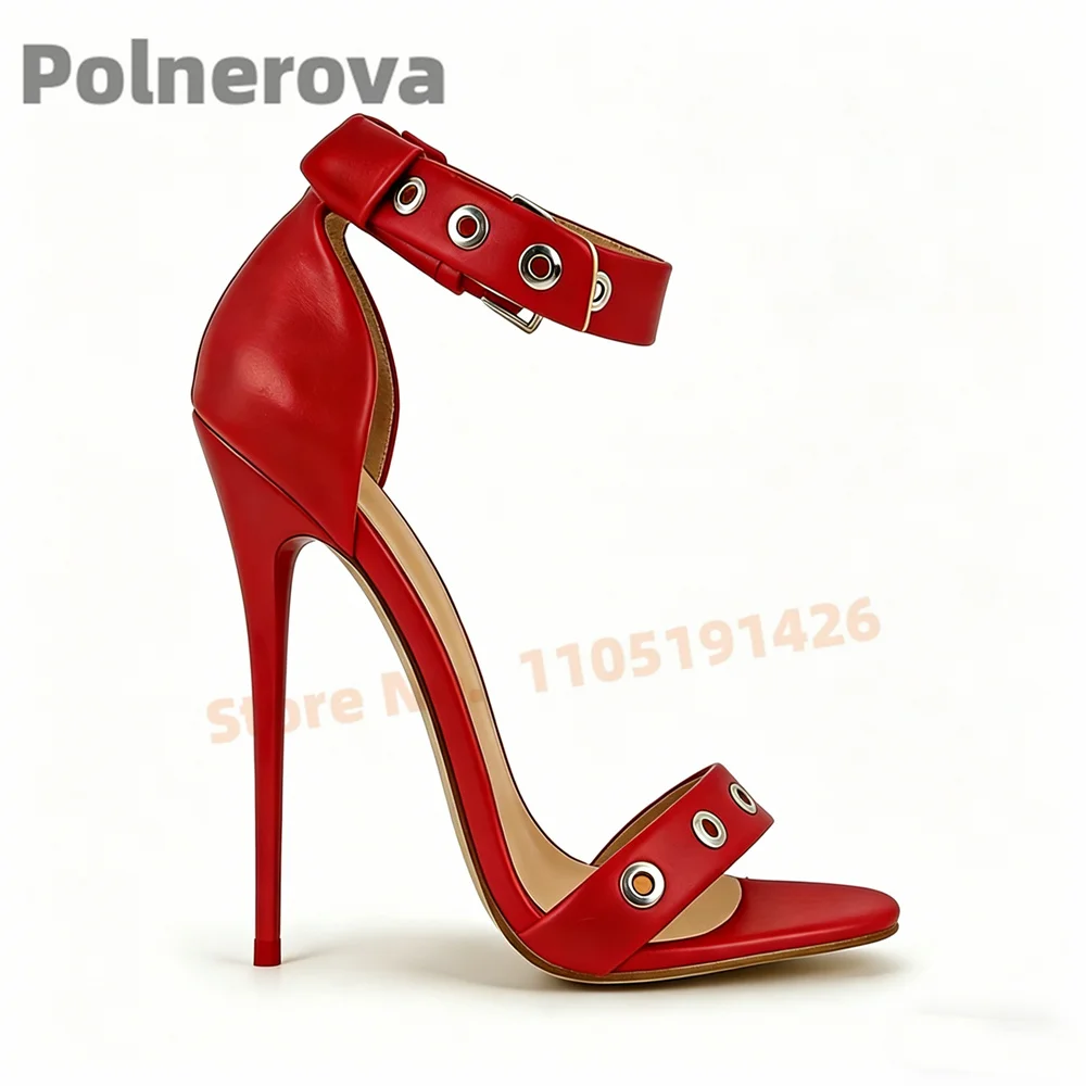

Pu Leather Open Toe Cover Heel Sandals for Women Studded Ankle Strap Buckle Stiletto Party Dress Shoes Summer High Heels