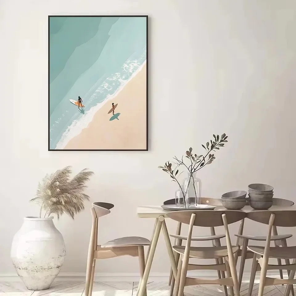 Retro Minimalistische Strand-Figuren Schwimmen Surfen Poster Leinwand-Gemälde Wandkunst Bilder Heim Strandhaus Badezimmer Dekoration