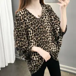 Leopard Printed Thin Three-quarter Sleeved Chiffon Shirt for Women's Spring Summer New Korean Lace Hollow Loose Oversized Top