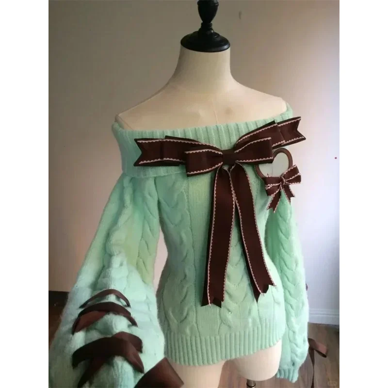 

Sweet Sexy Off Shoulder Knitted Sweater Y2k E-girls Slim Fit Jumpers Casual Long Sleeve Korean Fashion Pullovers