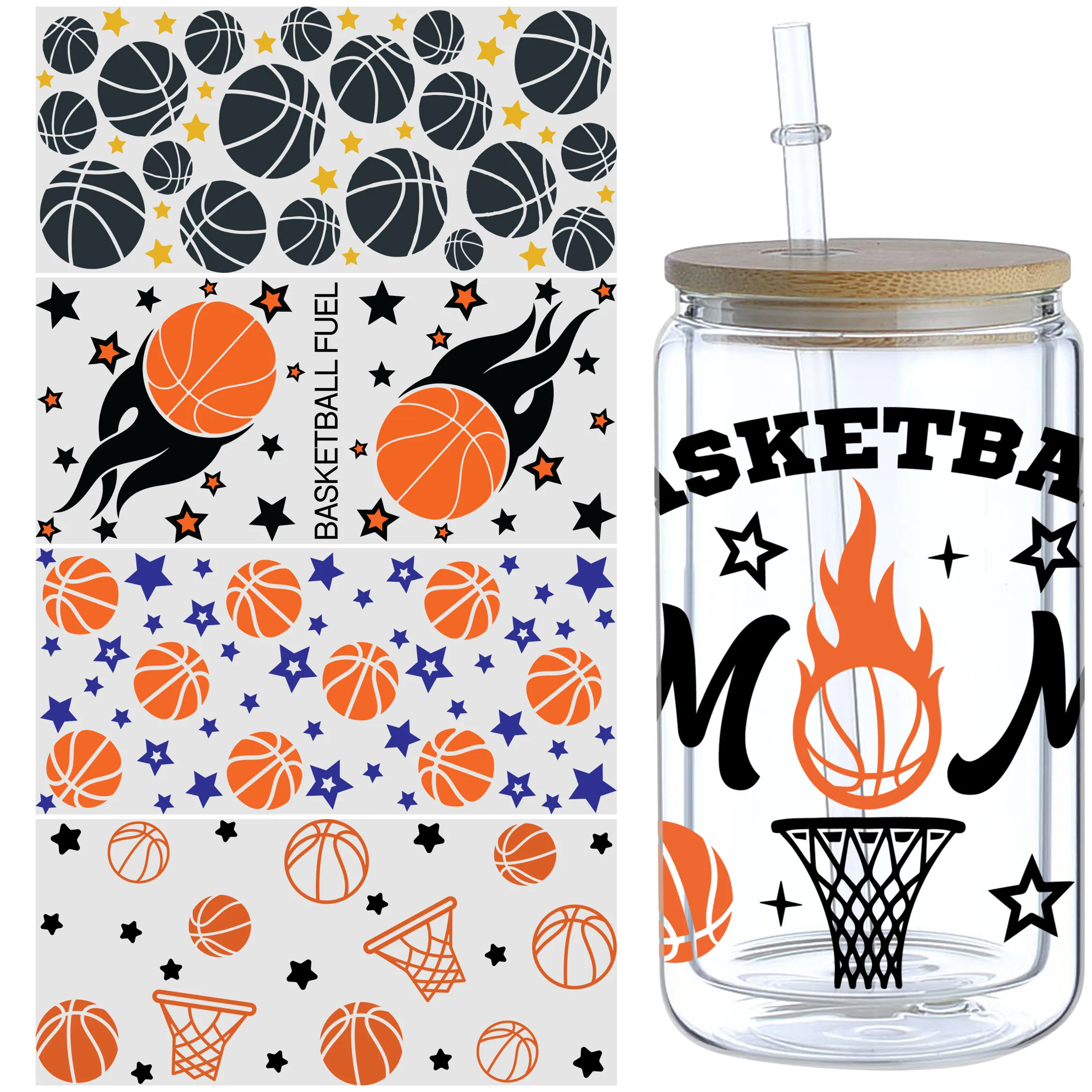 5 Sheets Basketball UV DTF Cup Stickers, Glass Sports DTF Transfer Stickers, Waterproof Wipe Transfer Paper for 16oz Glass, Mugs