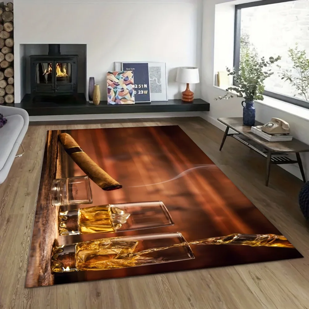 Cigar & Whiskey Print Rectangle Rug, Man Cave Bar Decor for Lounge Study Office, Non-Slip Carpet Indoor Smoking Room Decor