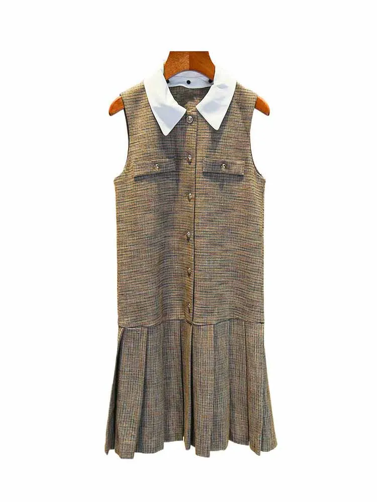 

SIVOS High-End Women's Autumn Plaid Svel Dr Pleated French Sle High Waist A-Line Skirt ort Length Button Detail