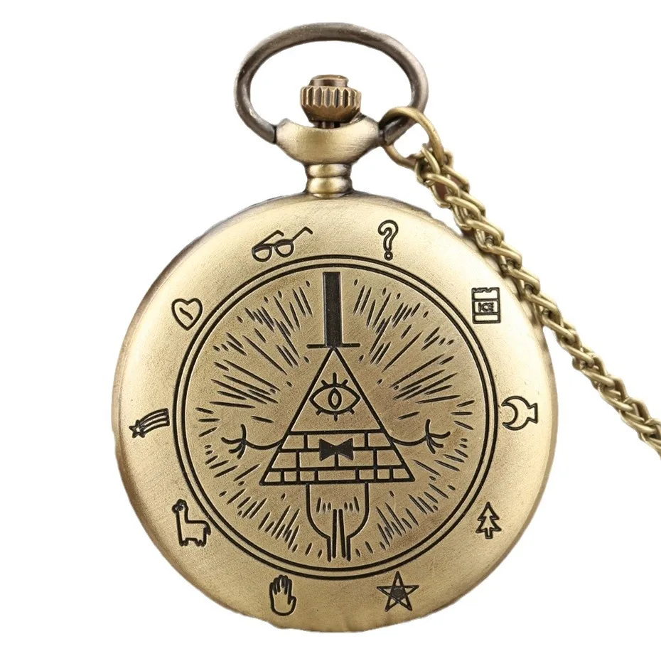 Vintage Antique Copper Triangle One-Eyed Pocket Watch Necklace Creative Flip-Style Pendant Mechanical Design Unique Accessory