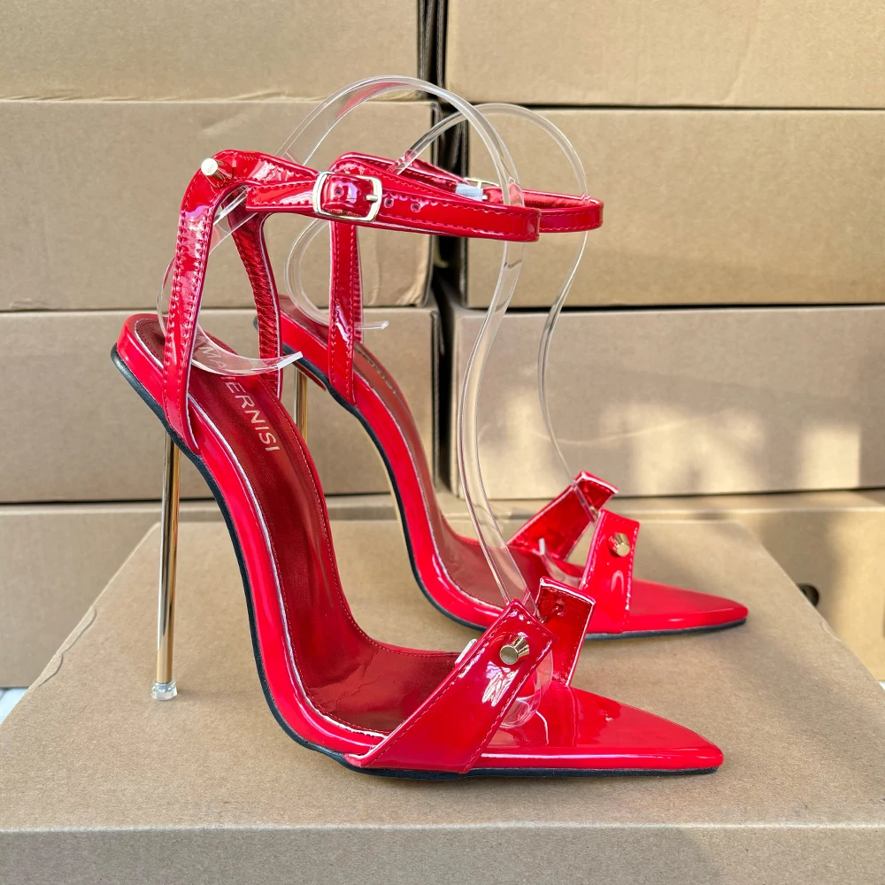2025 New Arrival Women Metal High Heels Sexy Red 12cm Sandals Stilettos Pointy Toe Heels Model Chic Man Unisex Shoes Plus Size