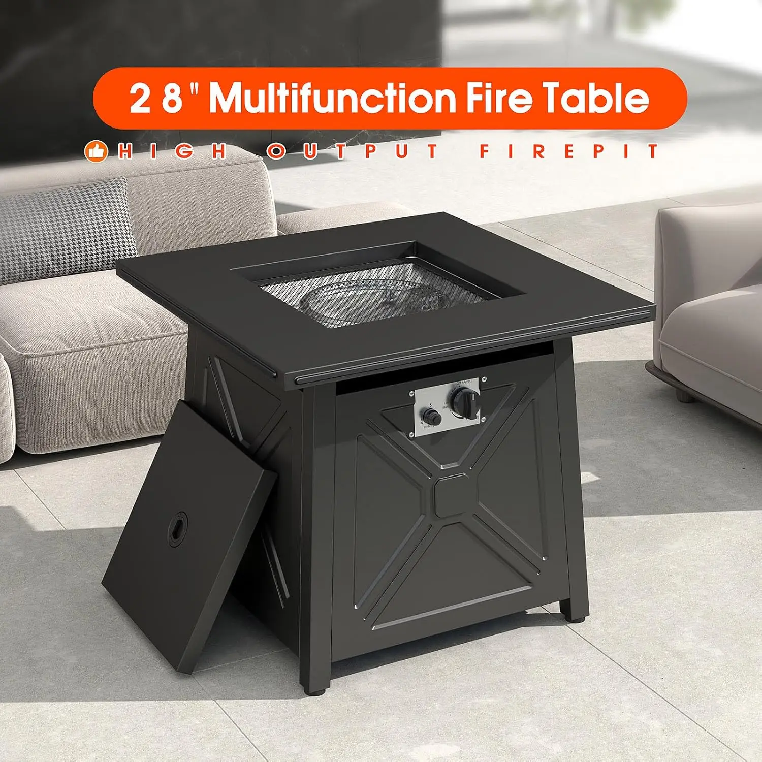 28 Inch Propane Gas Fire Pit Table, CSA Certified 50000 BTU Smokeless Firepit Patio Heater with Lava Rocks and Lid