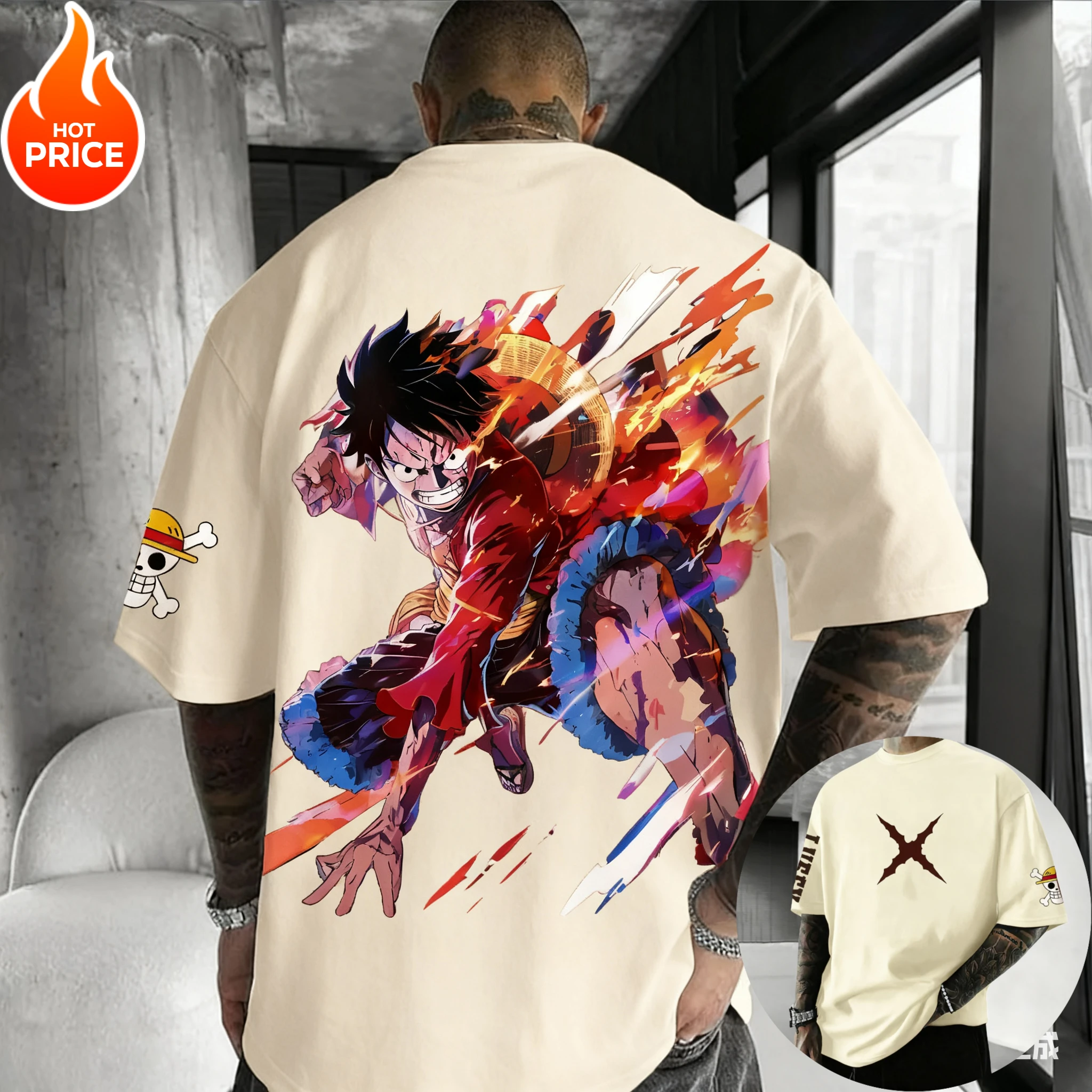 เสื้อยืดอนิเมะวันพีซ ลูฟี่ ฮาราจูกุ ผู้ชาย ซูเปอร์ไซย่า วินเทจ ฤดูร้อน ทรงหลวม ผู้หญิง สตรีทแวร์ ลำลอง แขนสั้น เสื้อยืดท็อป