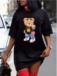 Women's Summer Casual Loose Size BEAR cartoon Print Round Neck Short Sleeve T-shirt Dress Fashion Streetwear Oversized O-Neck