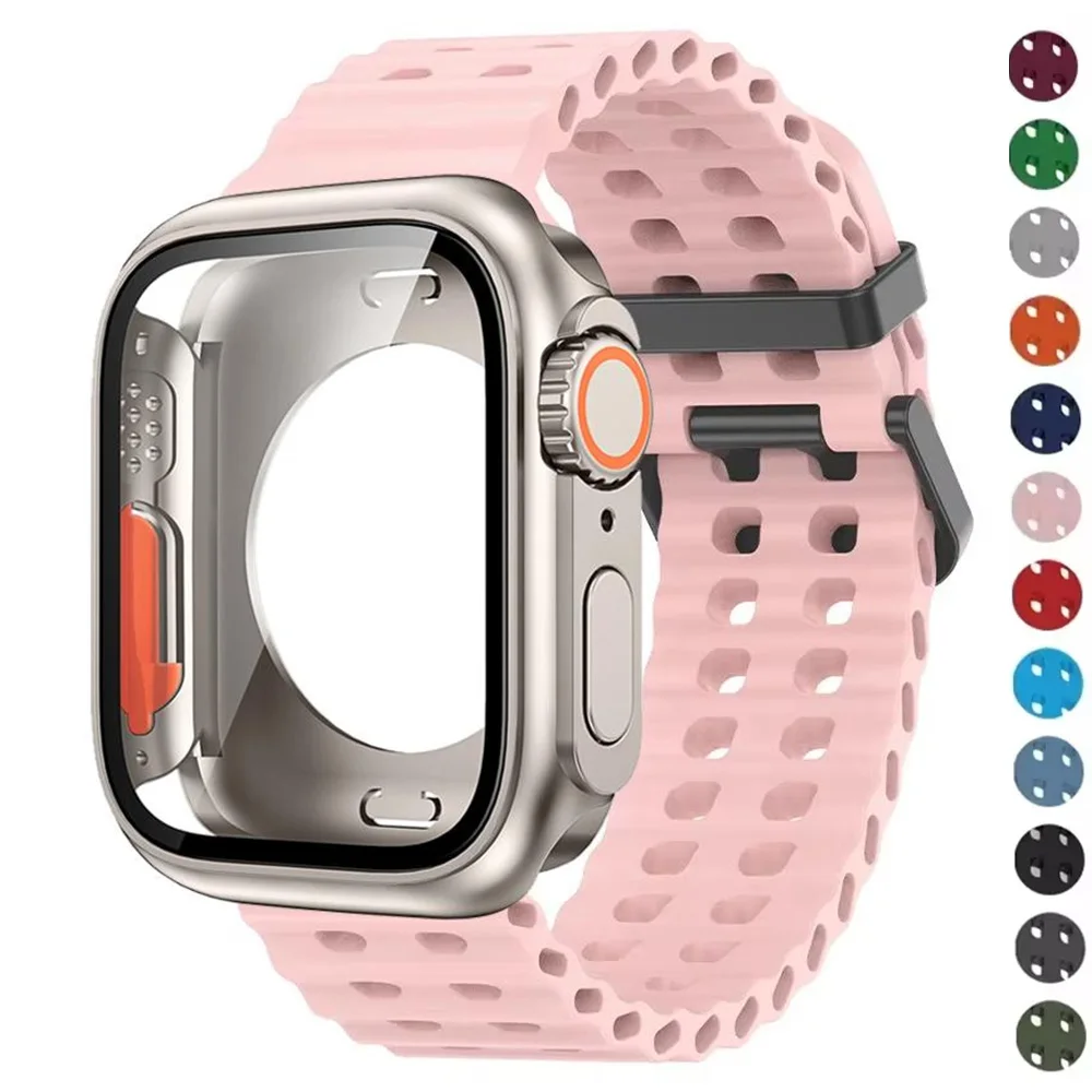 

Силиконовый ремешок Ocean + чехол из ПК для Apple Watch Band Series 11 10 46 мм, спортивный браслет с металлической пряжкой iWatch 9 8 7 6 5 SE