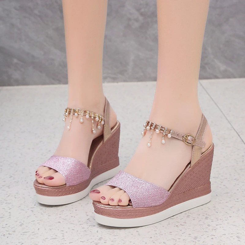 2024 New Women Wedge Sandals Summer Bead Studded Detail Platform Sandals Buckle Strap Peep Toe Thick Bottom Casual Shoes Ladies