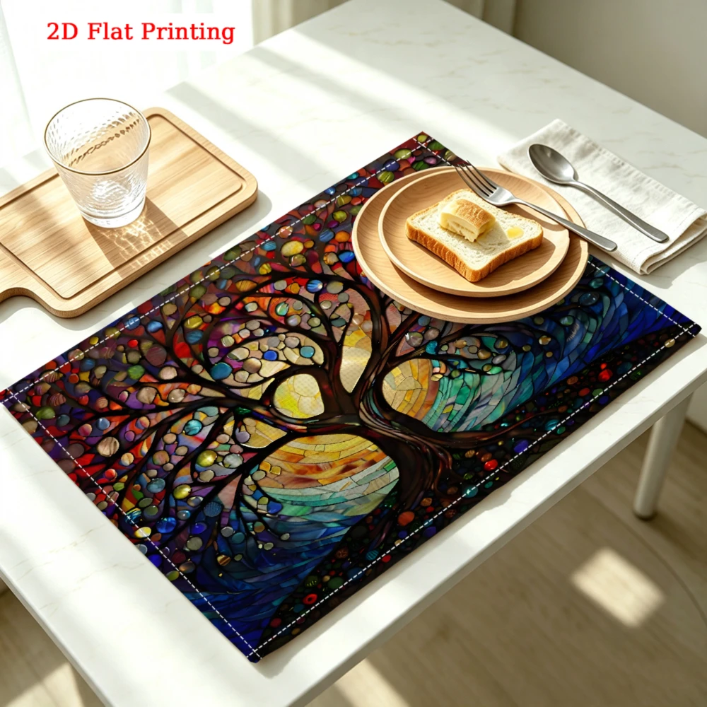 2Pcs Artistic Tree Of Life Placemat Multicolor Stained Glass Pattern Table Mat For Dining Kitchen Home Decor Protection 30X40Cm