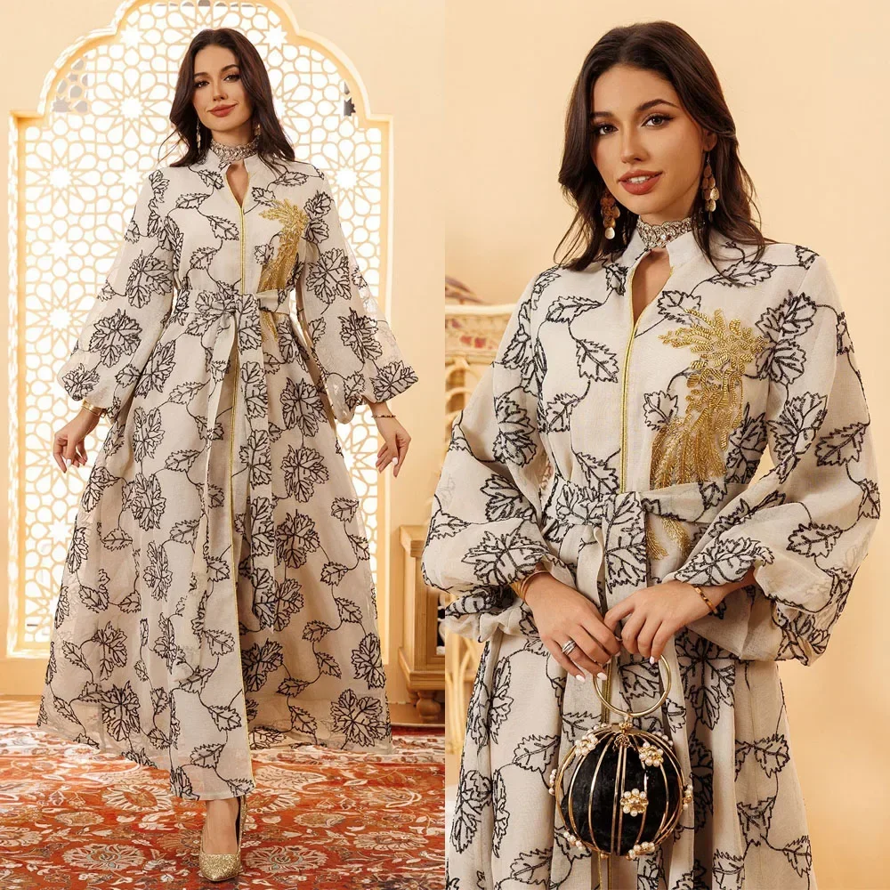 Muslim Embroidery Leaf Yarn Dress with Belt Sash Sequins Beads Abaya Women Puff Sleeves Robe Long Jalabiya Party Elegant Kaftan