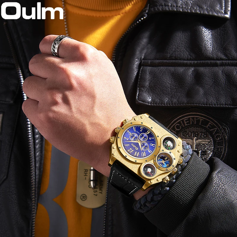 Oulm New Style Unique Designer Brand Men Sports Watch Multiple Time Zone Quartz Watch Leather Strap Mens Watch Relogio Masculino