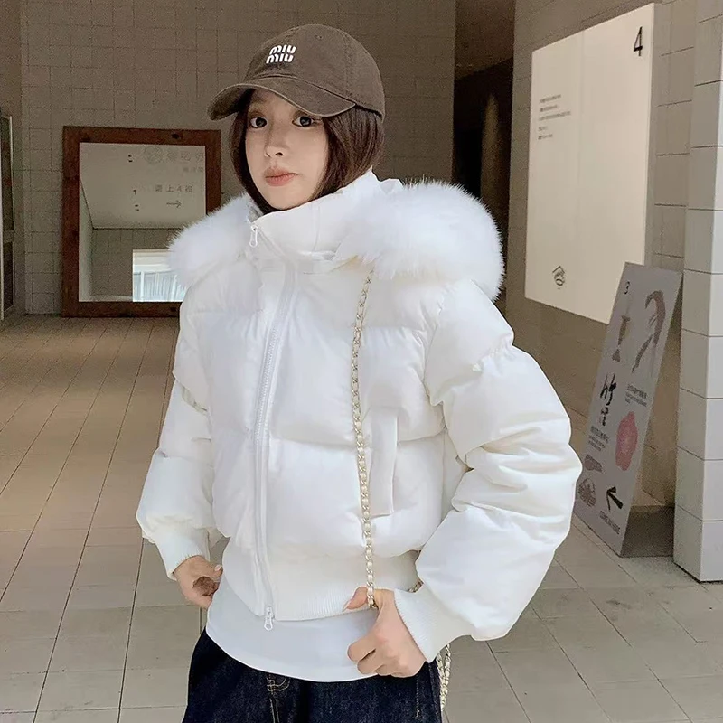 American Fur Collar Parkas Coats Women Y2K Winter Thick Warm Loose Crop Down Jacket Retro Streetwear Zipper Bread Outerwear New