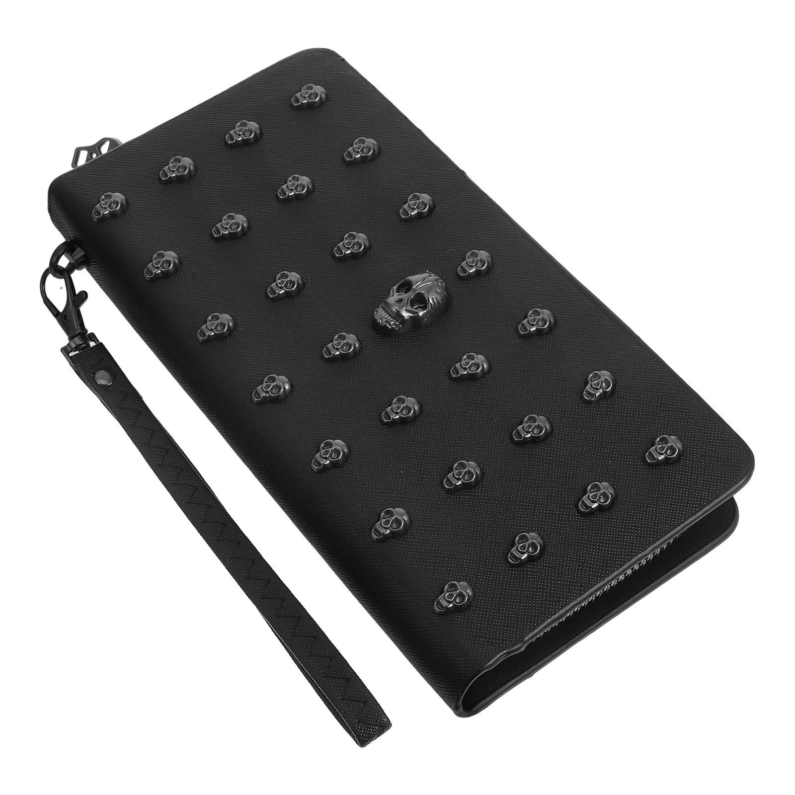 

Women's Skull Head Black Handheld Long Wallet, Gothic Credit Card Clip Mobile Wallet, with Wrist Strap Cool Flap Handheld Bag