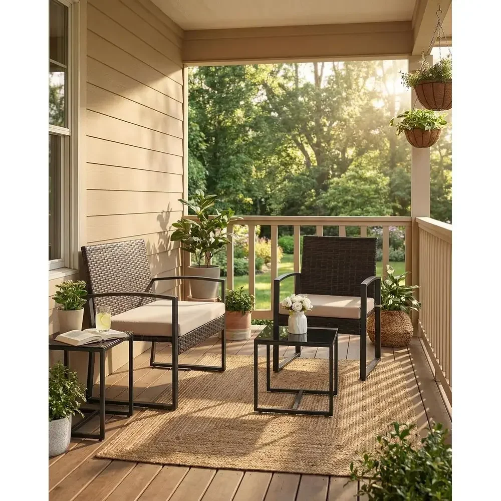 Weather-Resistant 3-Piece Patio Furniture Set with Cushioned Chairs and Coffee Table for Balcony or Backyard