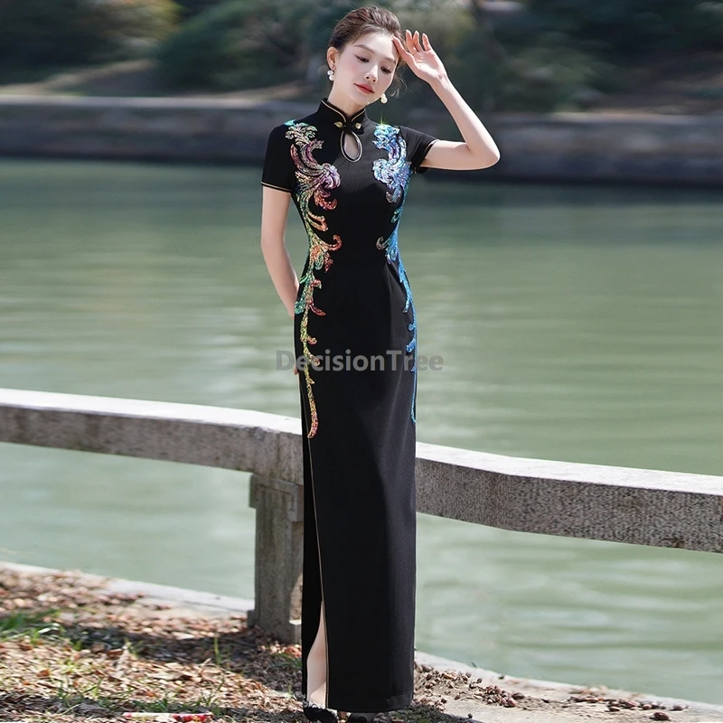 

2025 gorgeous dazzling sequin design chinese cheongsam literature art retro temperament qipao hollow out slit elegant qipao h012