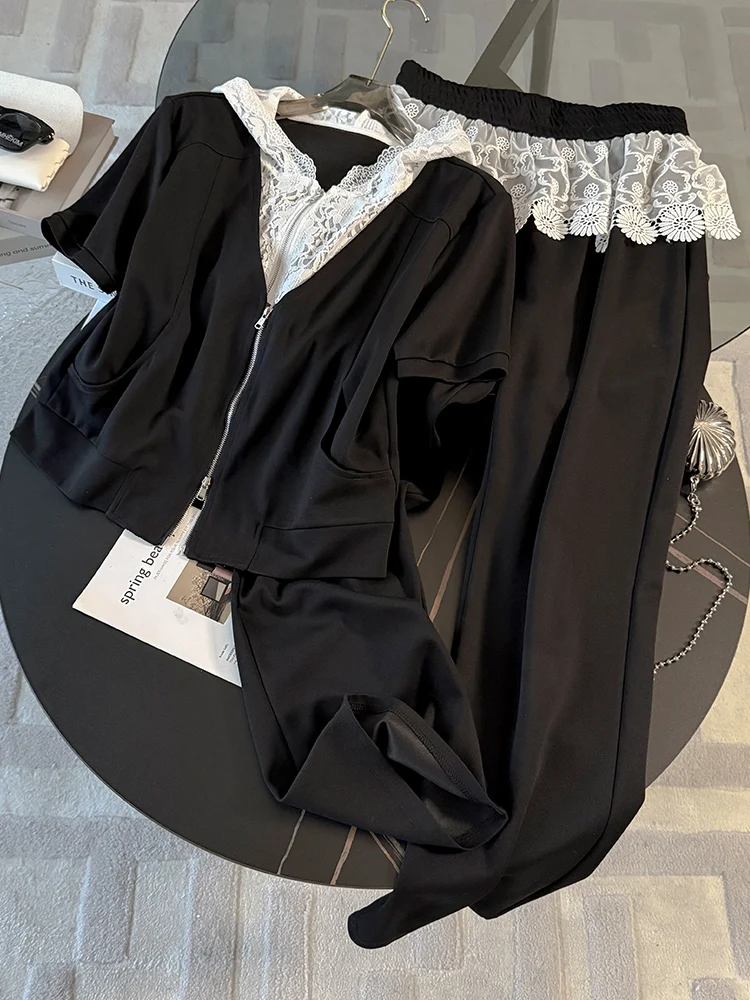 

Summer Trend Splice Lace Casual Sportswear Set Women's Stylish Slimming Black Short Sleeve Top Wide Leg Pants Two Piece Set