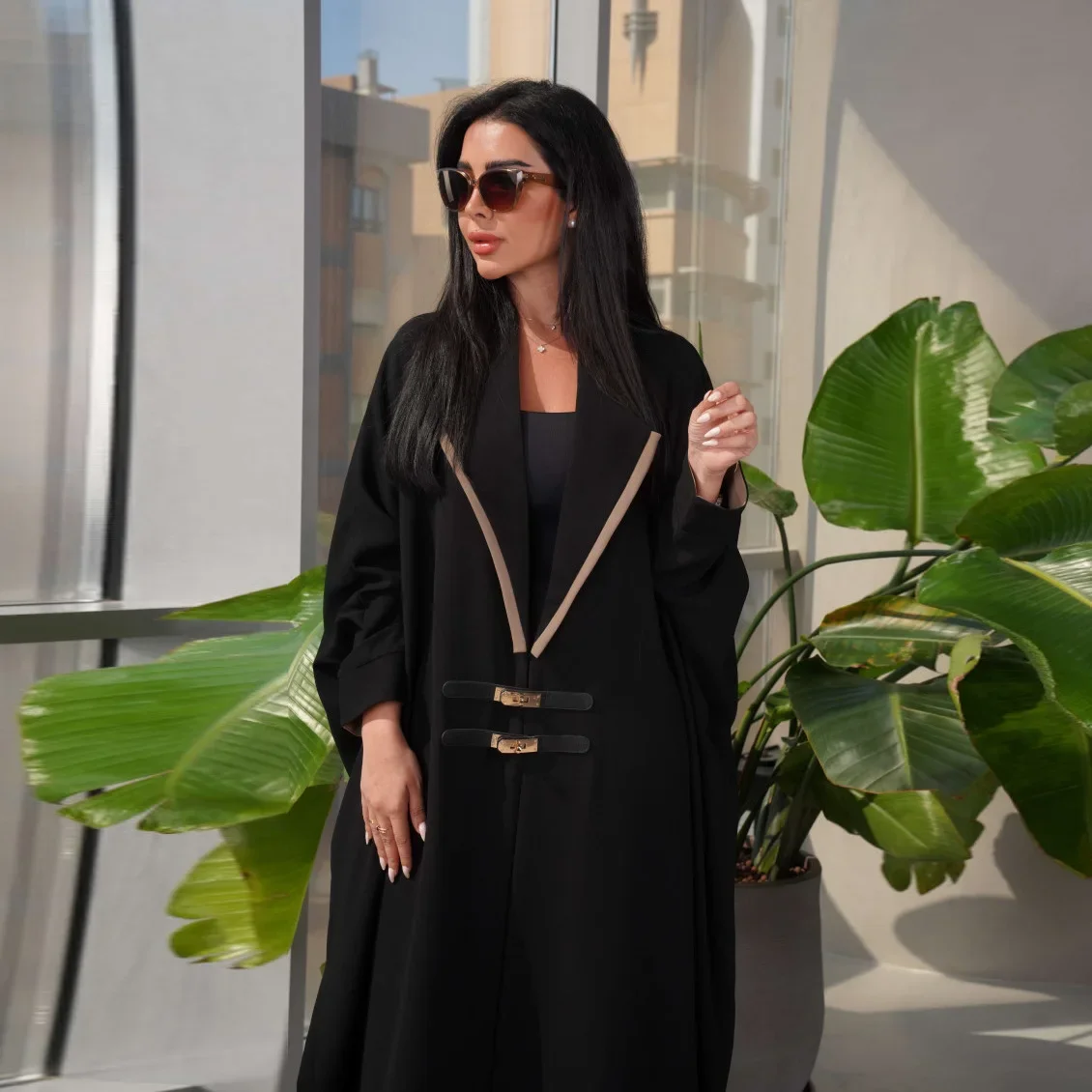 

Middle Eastern Modest European and American Style Cardigan with Leather Buttons, Abaya, Turkish Batwing Sleeve Outer Robe