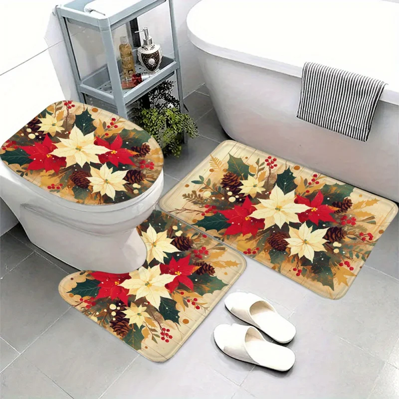 Christmas Floral Pattern 3-Piece Bathroom Rug Set - Knit Fabric, Non-Slip, Absorbent Polyester Bath Mats with Toilet Lid Cover a