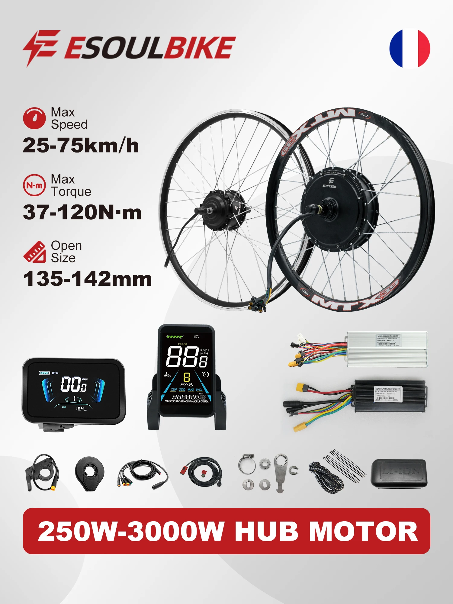 Zestaw do konwersji roweru elektrycznego ESOULBIKE 72V 3000W 48V 1500W 1000W, 36V 250W 500W przednie koło, 52V 2000W tylne koło z piastą, 26-29 cali 700C — 2