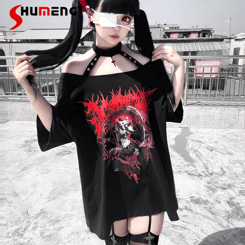 

Subculture Punk Dark T-Shirts Summer New Girl's Women Sweet Cool Anime Print Loose Halter T-Shirt Student Y2K Short Sleeve Top