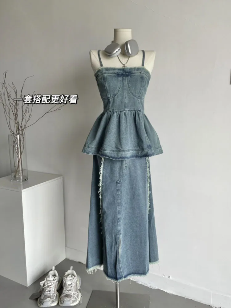 

Chic Fishtail Suspenders Tops Denim Sets Vintage Casual Women's Aesthetics Suit Top Skirt Girl