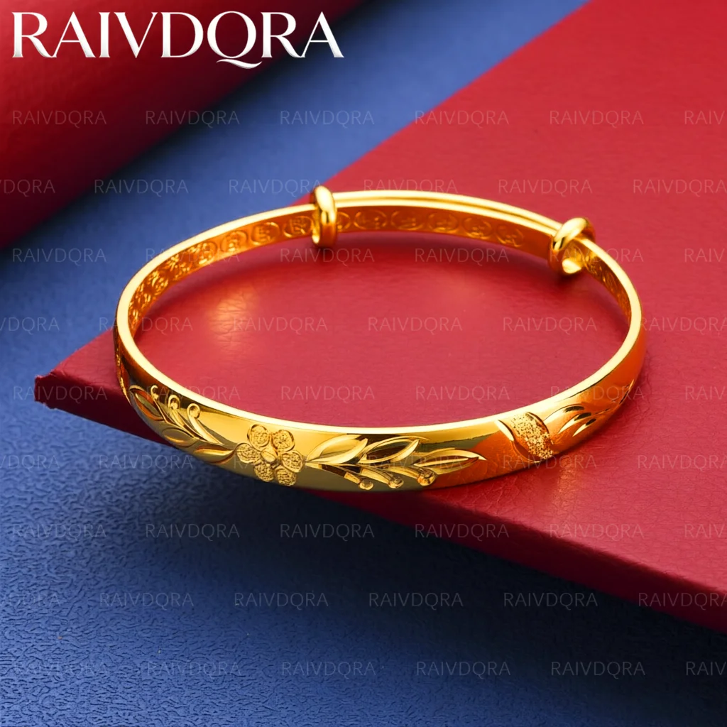 18K Gold Plated Engraved Pattern Bangle Adjustable Bracelet For Women Fashion Jewelry Elegant Classic Birthday Gift