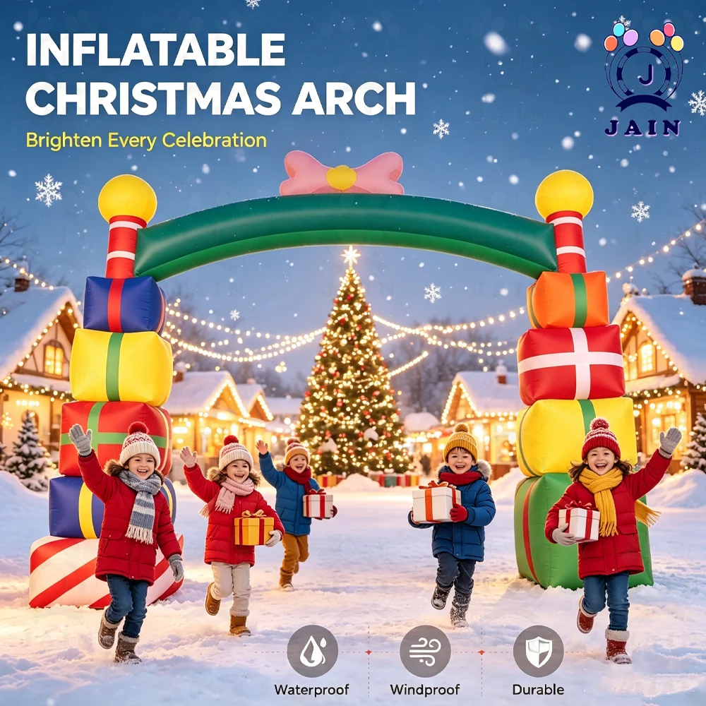 Inflatable Christmas Gift Box Arch 6M/8M/10M, Giant Oxford Cloth Christmas Inflatable Archway with LED Lights, Festive Holiday