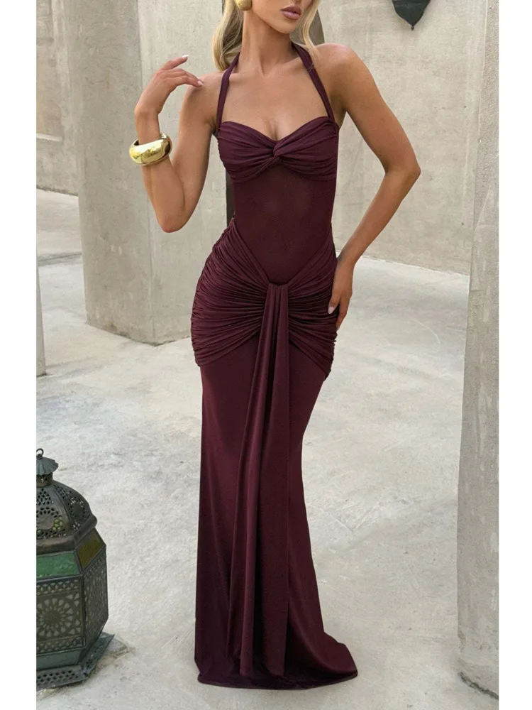 Articat Elegant Hanging Neck Mesh Patchwork Long Dress Women Sexy Sleeveless Backless Tight Party Evening Dress Sheer Formal