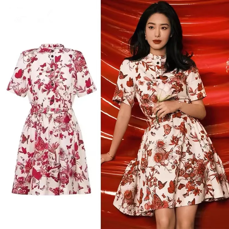 

French Summer Butterfly Print Shirt Dress 2024 Runway Fashion Women Stand Collar Short Sleeve Print Pockets Party Mini Vestidos