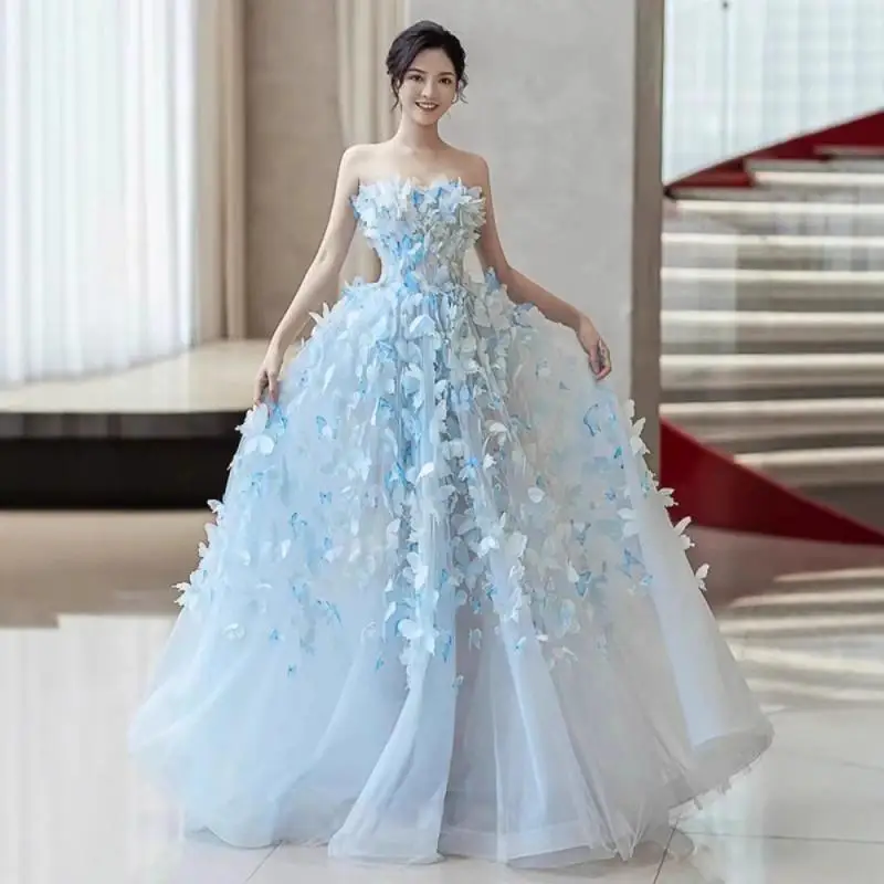 

Flower Strapless Evening Dress French Three-dimensional Butterfly Host Bride Toast Dress Coming Of Age Dress Customized