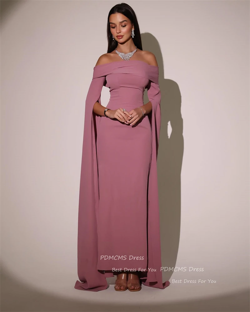 Modern Dusty Rose Saudi Arabic Women Evening Dresses Off Shoulder Flare Long Sleeves Silk Satin Dubai Formal Party Prom Gowns