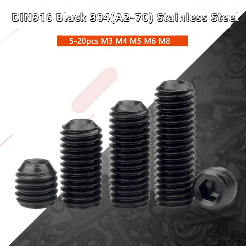 

5-20pcs M3 M4 M5 M6 M8 DIN916 Black 304(A2-70) Stainless Steel Hex Socket Allen Cup Point Set Screw Grub Bolt Metric Thread