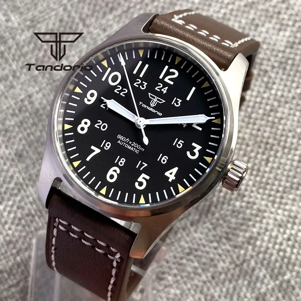 Tandorio 39mm NH35A 20bar Automatic Dive Pilot Men's Watches Sapphire Glass Green Luminous Dial Leather Strap Screw Crown