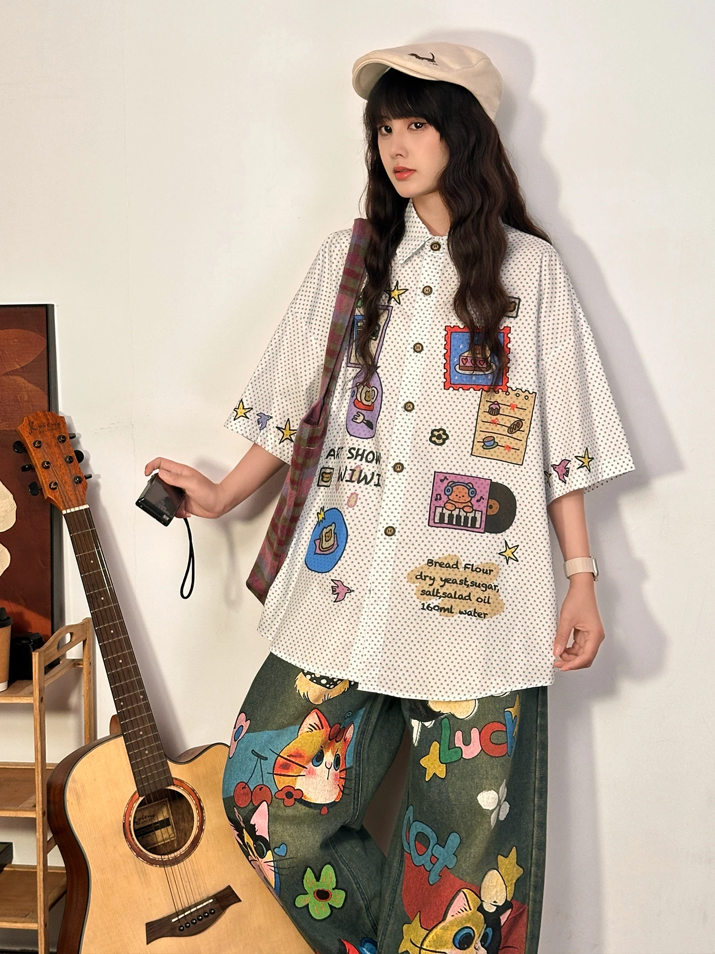 

Original American Retro Cartoon Polka Dot Print ort Sve Loose Women's irt College Sle Top Breathable Cotton Casual Wear