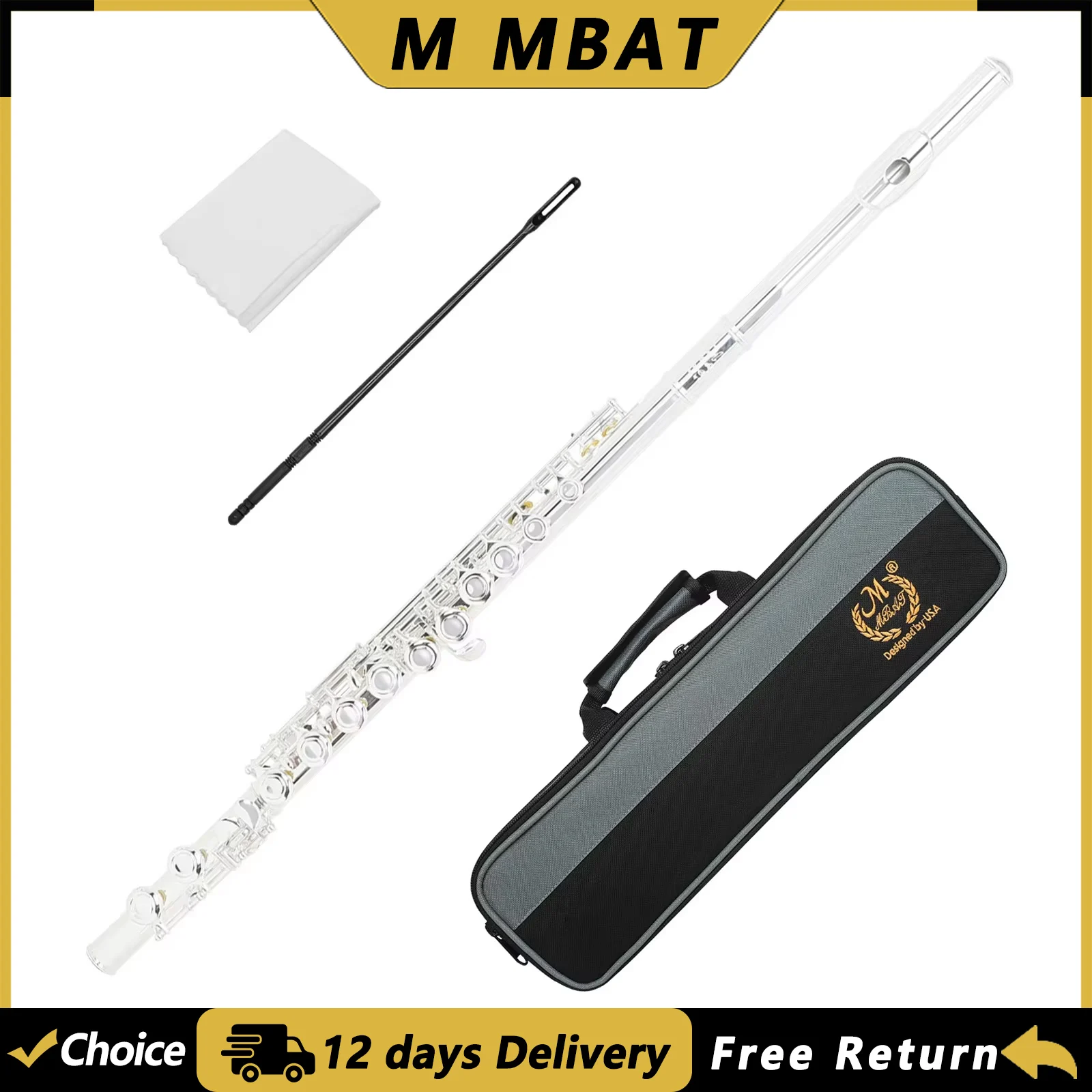 M MBAT Flute 16 Hole Closed Hole C Key Silver-plated White Brass Curved E-key Flute Performance Woodwind Instruments with Case