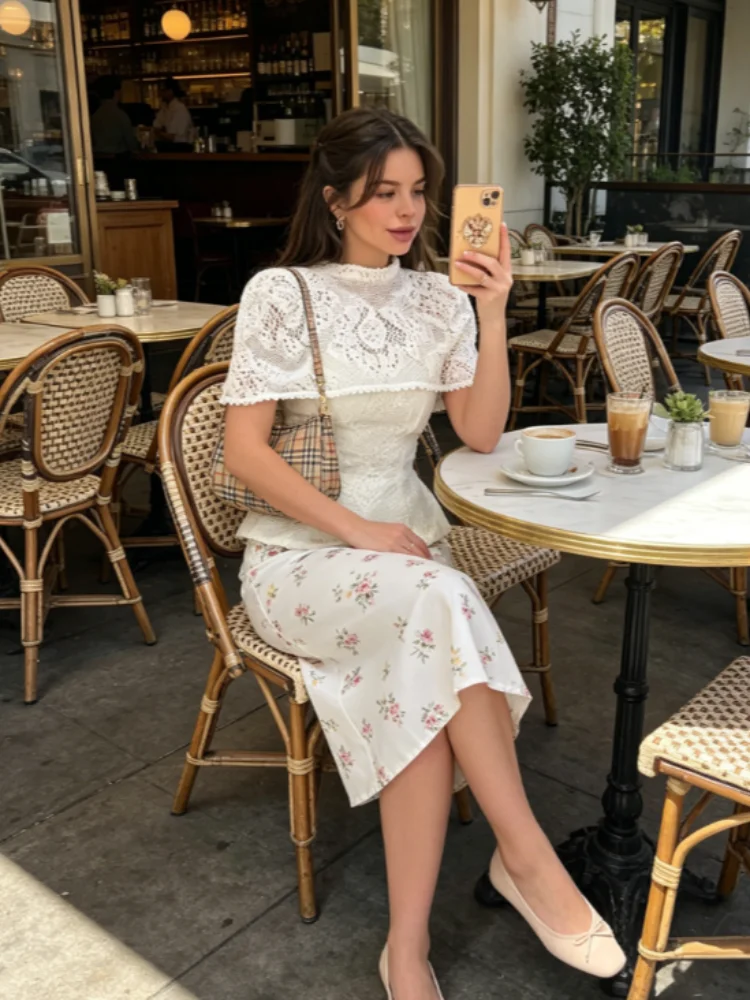 

Elegant Lace Shawl Top Women's 2 Pieces Set Round Neck Cutout Cape Strapless Waist Cinched Tops 2026 Summer Lady All-match Wear