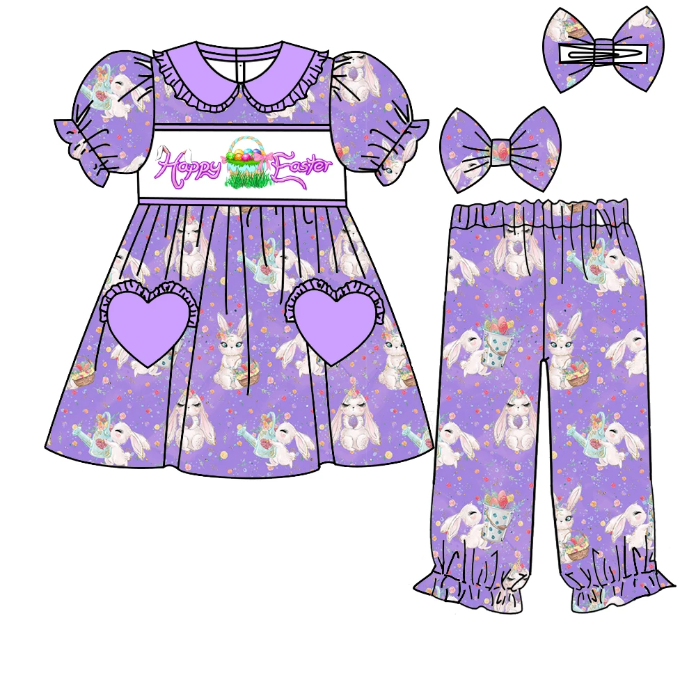 Girls series Easter lapel short-sleeved trousers girls shorts set bunny egg print robe pajamas set boutique children's set